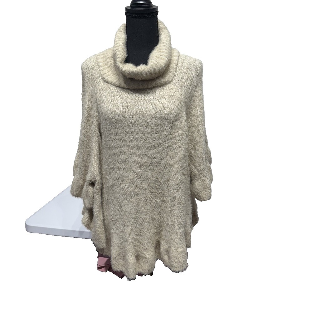 Anthropologie Falling Snow Ruffled Turtleneck Poncho Sweater One Size Beige‎ - Picture 8 of 14